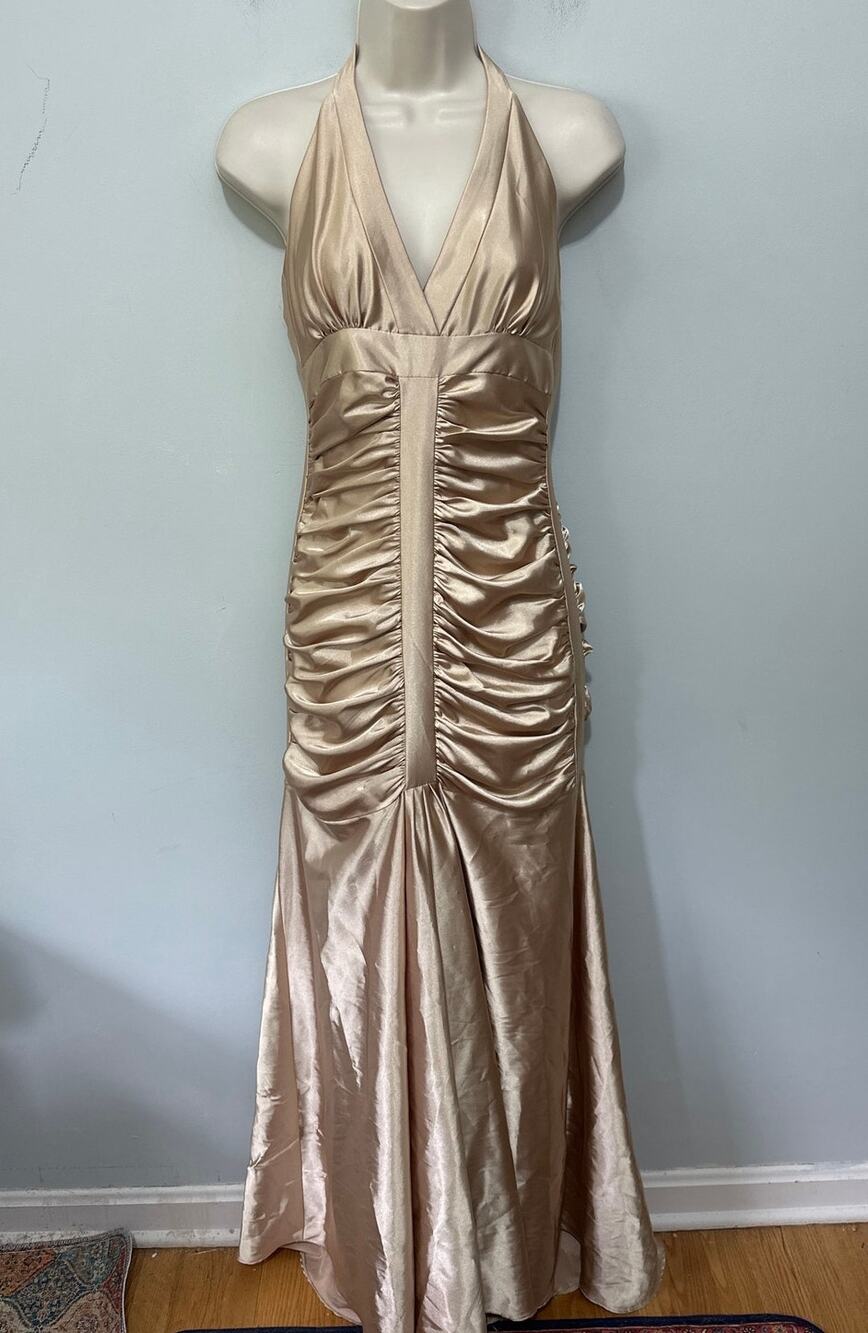 Vintage Jessica McClintock Dress 4 Gold Satin Ruched Maxi Old Hollywood Glam